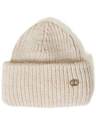 Twin-Set Oval T ribbed knit beanie - women - Cotton/Metallized Polyester - One Size - Neutrals
