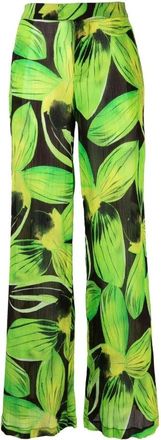 Louisa Ballou Wijde pijpen broek met bladerenpatroon - Dames - Wijde Broeken - Groen - XS - Katoen - Broeken