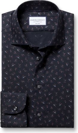CHARLES TYRWHITT Non-Iron Stretch Bird Print Cotton Shirt - Charcoal Single Cuff Size 15.5/33 by Charles Tyrwhitt