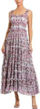 Mac Duggal Floral Mesh Micro Ruffle Maxi Dress