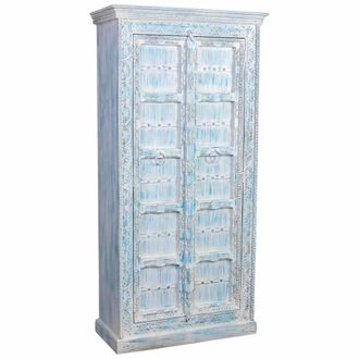 Wanderlust Deco Armario de madera tallada acabado envejecido azul, 95x45x194h cm