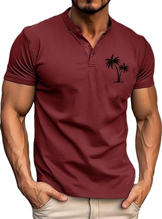 Generic Henley T Shirt Mens Grandad Collar Summer Heavyweight Short Sleeve Button Formal Shirts Casual Smart Henley Tops V Neck Breathable Retro Work T Shirt 