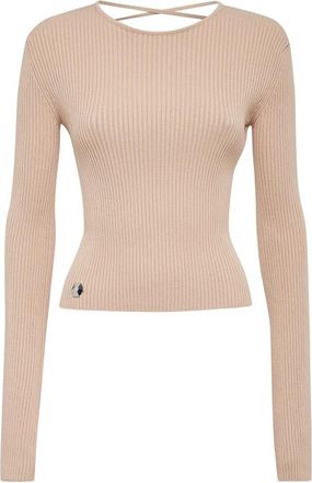 Philipp Plein Gebreide Criss Cross Top - Dames - Ronde hals truien - Beige - L - Polyester - Truien & Vesten