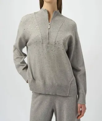 Joseph Ribkoff Embellished Zipped Mock Neck Pullover Sweater In Grey Melange
