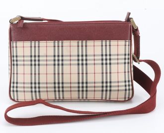 Burberry Beige Red Color Leather Canvas Handbag Shoulder Bag Tote Bag (Pre-Owned)