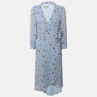 Ganni Ganni Blue Multicolor Printed Knit Wrap Dress