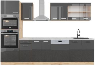 Vicco Mueble De Cocina R-line, Antracita Brillo Intenso/roble Dorado El&eacute;ctrico, 300 Cm Con Armario Alto, Et M&aacute;rmol