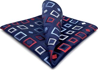 Shlax & Wing Pocket Square for Men Suits Geometric Blue with Red White Pattern Satin for Gift