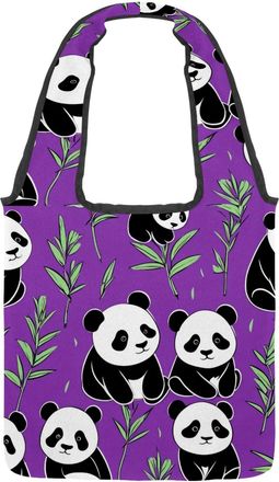 Generic Cute Panda on Purple Reversible Canvas Shoulder Tote - Double-Sided Print, 12oz Cotton, 27cm Drop, Fold-Flat Bag for Travel, Shopping, Street Outings