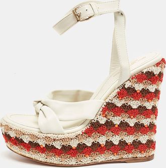 Sergio Rossi Cream Leather And Fabric Platform Wedge Knotted Ankle Strap Sandals