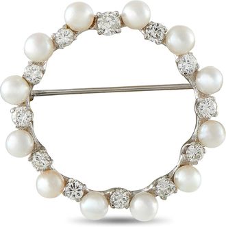 Luxury Bazaar 14K White Gold 1.30ct Diamond and Pearl Brooch MF20-081226