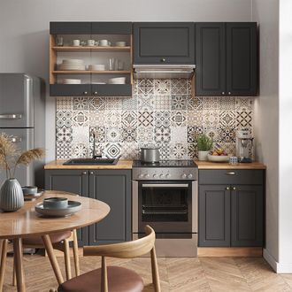 Vicco Mueble De Cocina Fame-line, Antracita Casa De Campo/roble Kraft Dorado, 200 Cm, Et Antracita