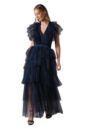 Coast Mesh V-Neck Halter Tiered Maxi Dress in Navy at Nordstrom, Size 8