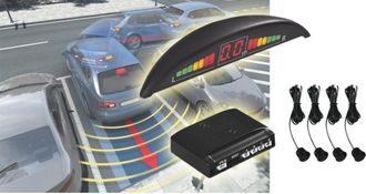 Trade Shop Trade Shop - Kit 4 Sensores De Aparcamiento Con Mini Pantalla Led Cortador De Sonido Inal&aacute;mbrico Negro