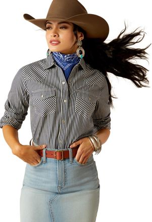 Ariat Womens Railroad Stripe Western Shirt Long Sleeve in Indigo Stripe, Size X-Small, by Ariat