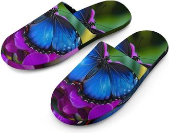 Generic Blue Butterfly on Flower Mens Cozy House Slippers Winter Warm Shoes with Anti-Slip Sole for Travel Indoor Outdoor