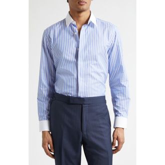 Tom Ford Classic Fit Contrast Collar Stripe Button-Up Shirt in White/Blue at Nordstrom, Size 40