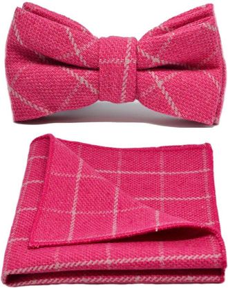 King & Priory Fuschia Pink Birdseye Check Bow Tie & Pocket Square Set