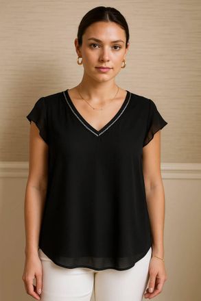 Blu Pepper Line Lace V-Neck Woven Top In Black
