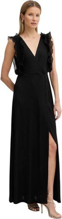 Fracomina Maxi jurk met ruches en V-hals - Dames - Maxi kleedjes - Zwart - S - Leer - Kleedjes