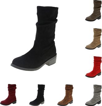 Generic Womens Mid Calf Boots Womens Suede Boots Western Cowgirls Bootie Elegant Low Heel Boot Below Knee Slip On Boot Chunky Block Round Toe Booties Lightwei