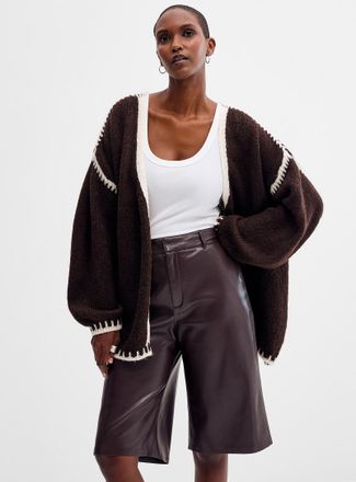 Contemporaine Womens Contrast stitch fuzzy open Cardigan Sweater Exclusive collection from Italy
