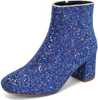 Generic Womens Glitter Ankle Boots with Chunky Block Heel & Side Zipper, for Party & Festive Wear,Blue,5.5 UK