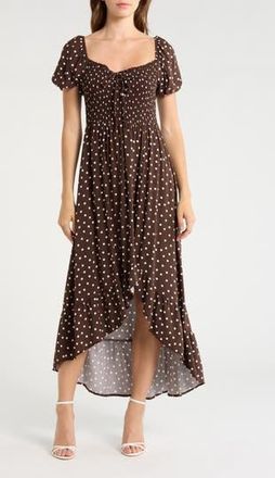 Madden Girl Smocked Puff Sleeve High-Low Midi Dress in Mocha Combo at Nordstrom Rack, Size Medium