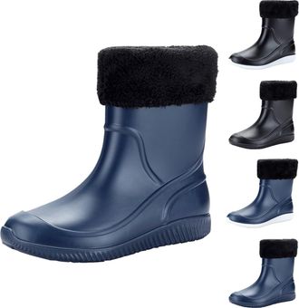 Generic Waterproof Garden Rain Boots for Men Lightweight Mid Calf Deck Fishing Outdoor Slip Resistant Shoes Winter Warm Short Detachable Rain Shoes Dark Blue
