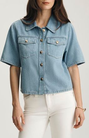Mavi Dafne Denim Short Sleeve Button-Up in Light Gold Premium at Nordstrom, Size X-Small