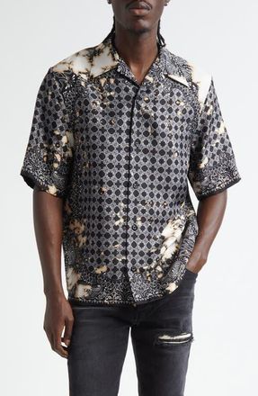 Amiri Bleach Splatter Bandana Silk Bowling Shirt in Black at Nordstrom, Size Xxx-Large