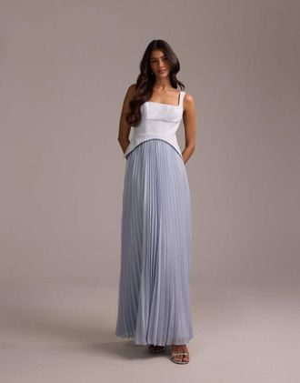 Asos Vestito lungo da damigella ibrido blu con gonna a ruota a pieghe