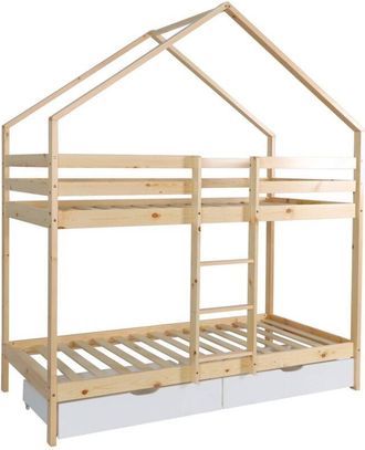 Sweeek Childrens bunk bed cabin 90 x 190 cm natural pine with storage drawers white 223x199x96 cm - Roya