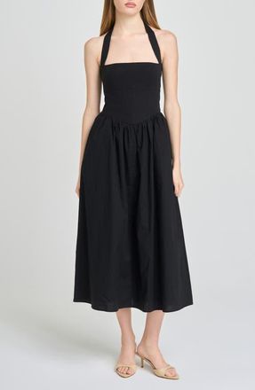 Wayf Camellia Halter Neck Stretch Cotton Midi Dress in Black at Nordstrom, Size X-Large
