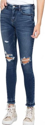Flying Monkey Distressed Mid Rise Frayed Hem Jean In Dark Wash