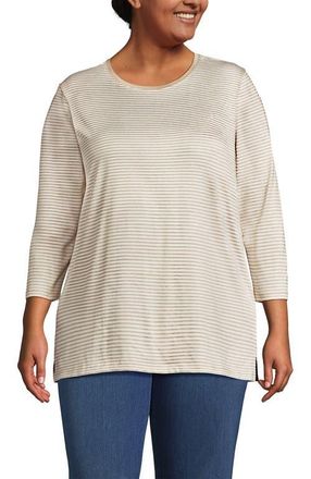 Lands End 3/4 Sleeve Cotton Supima Tunic in Champagne Micro Stripe at Nordstrom, Size 1X