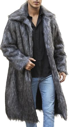 Generic Faux Fur Coat for Men Long Fluffy Parka Jacket Long Sleeve Turn Collar Winter Outerwear Fluffy Thick Warm Overcoat Dark Gray X-Large