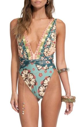 Agua Bendita Ellis Plume Floral Twist Front One-Piece Swimsuit in Blue at Nordstrom, Size Large