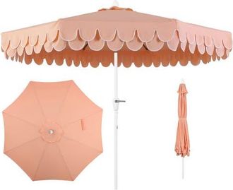 Jonathan Y Designs Tracy 9 ft. Classic MidCentury Scalloped Fringe Market Patio Umbrella with Auto-Tilt, Crank, Wind Vent and UV Protection in Pink/white