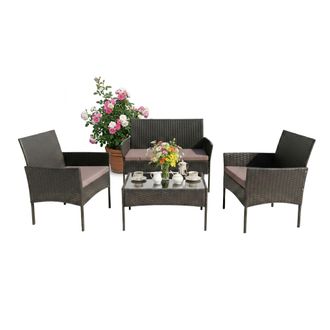 Relaxdays Relaxdays Conjunto Jard&iacute;n Para 4, 4 Piezas, Efecto Rat&aacute;n, Sof&aacute; 2 Pl., 2 Sillones, Mesa De Cristal, Exterior, Negro