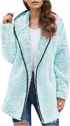 Generic KUIH Winter Jackets for Women Hooded Teddy Fleece Jacket Fuzzy Sherpa Coat Solid Casual Ladies Full Zip Jacket Outdoor Longline Cardigan Oversized Hoo