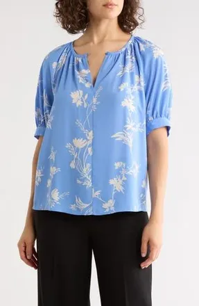 Nordstrom Rack Gathered Neck Puff Sleeve Top in Blue Cornflower Ava Botanical at Nordstrom Rack, Size X-Small