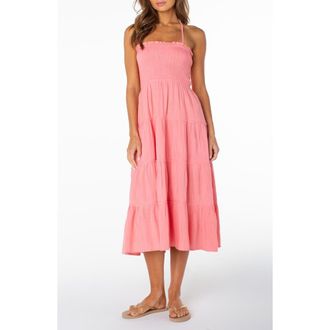 Roxy Ellie Smocked Midi Sundress in Strawberry Pink at Nordstrom, Size X-Small