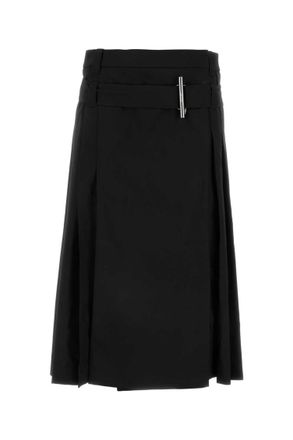 Alexander McQueen Black Belted Pleated Midi Wool Skirt