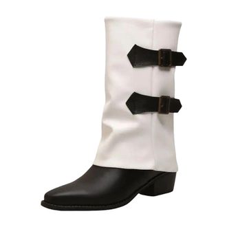 Generic Womens Elegant Mid Calf Boots Round Toe High Block Heel Slip On With Platform Belt Buckle And Mixed Color Design