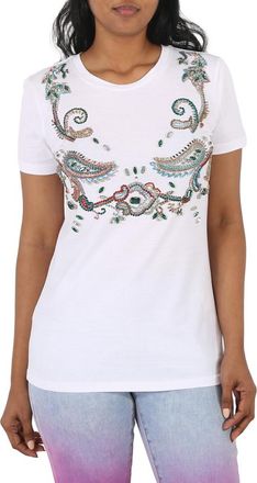 Roberto Cavalli Ladies Optical White Bandana Embellished T-shirt, Brand Size 38 ( US Size 4 )
