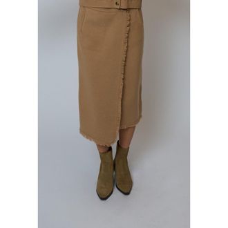 Central Park West Elyse Fringe Assymetrical Midi Skirt in Camel at Nordstrom, Size Small