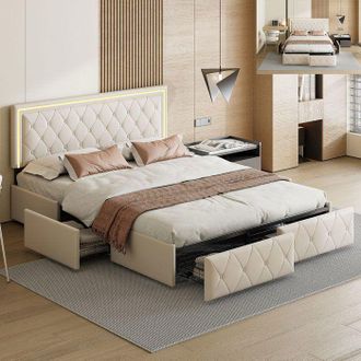OEM Estructura De Cama 140x200 Cm Beige Con Led, Somier De Lamas Y Cajones - Cabecero Incluido