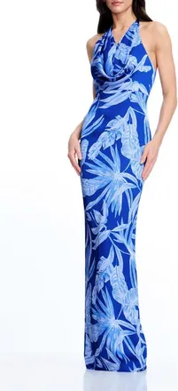 Dress The Population Solana Tropical Print Halter Gown in Navy Multi at Nordstrom, Size Xx-Large