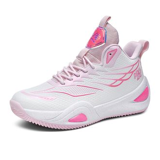Generic Mens Basketball Shoes High Top Anti Slip Shock-Absorbing Running Fashionable Durable Training Boots Walking Shoes(White-Pink,4.5 UK)